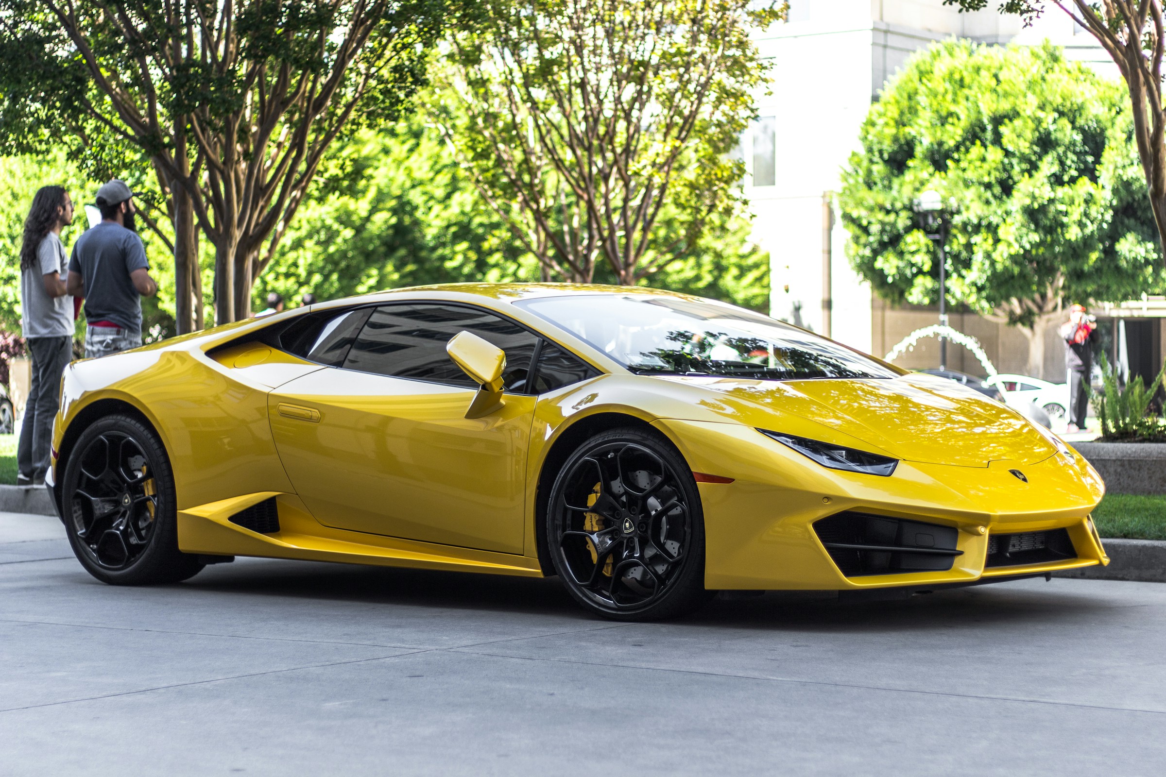 Yellow Lamborghini Huracan photographed in an urban setting